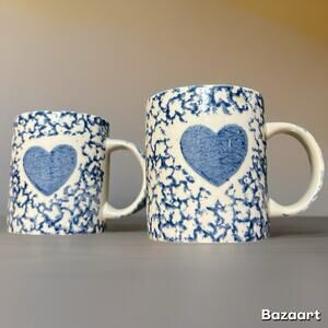 (2) Vintage Gibson Blue Sponge Heart Ceramic Coffee Mug Farmhouse Cottage EUC